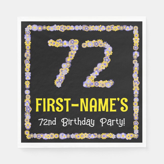 72nd Birthday: Floral Flowers Number, Custom Name Napkins (Front)