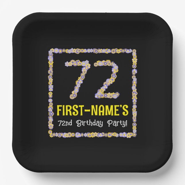 72nd Birthday: Floral Flowers Number, Custom Name Paper Plates (Front)
