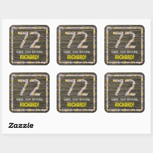72nd Birthday Floral Number Faux Wood Look Name Square Sticker