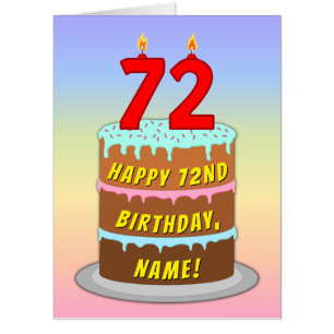 72nd Birthday: Fun Cake & Candles, w/ Custom Name Card