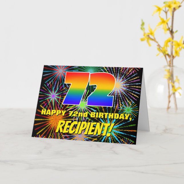 72nd Birthday: Fun, Colorful Celebratory Fireworks Card (Yellow Flower)