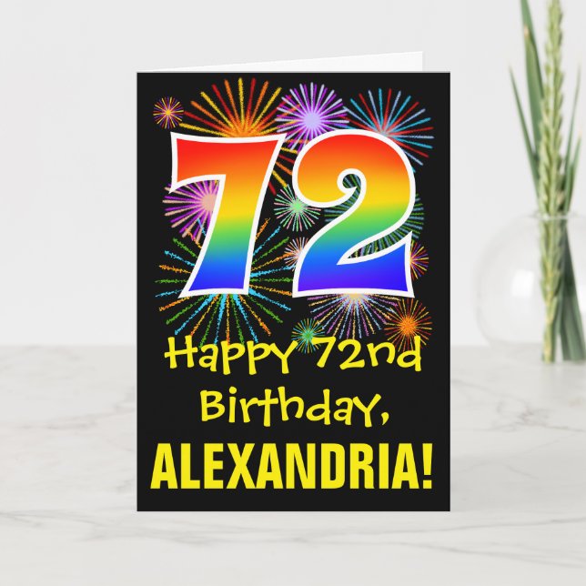 72nd Birthday: Fun Fireworks Pattern + Rainbow 72 Card (Front)
