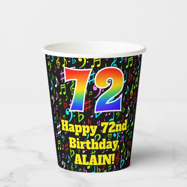 72nd Birthday: Fun Music Notes Pattern, Rainbow 72 Paper Cups (Back)