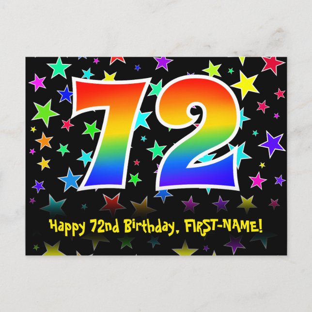 72nd Birthday: Fun Stars Pattern, Rainbow 72, Name Postcard (Front)