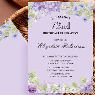 72nd Birthday Invitation Elegant Purple Floral