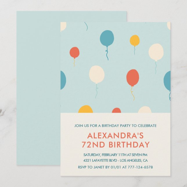 72nd birthday invitations Balloons Blue (Front/Back)