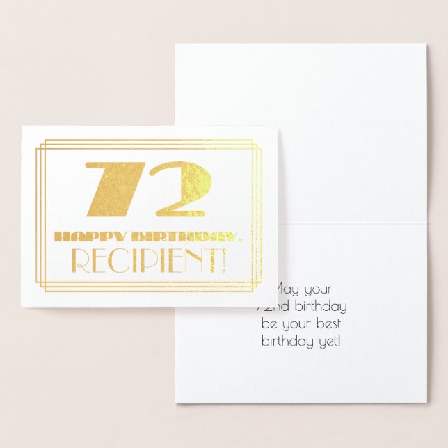72nd Birthday; Name + Art Deco Inspired Look "72" Foil Card (Display)