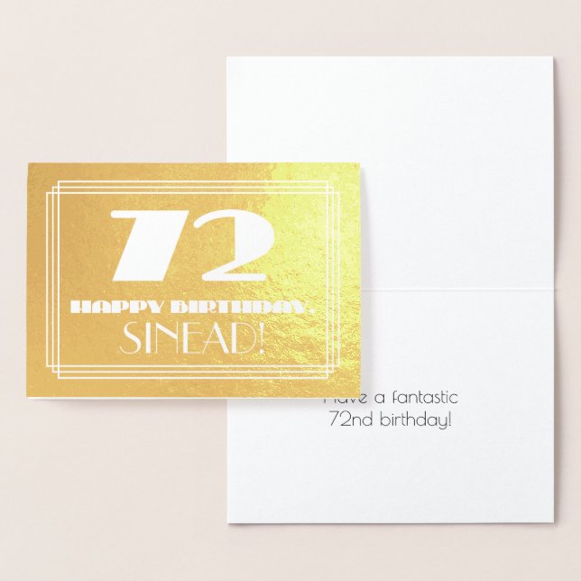 72nd Birthday: Name + Art Deco Inspired Look "72" Foil Card (Display)