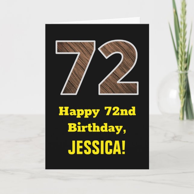 72nd Birthday: Name, Faux Wood Grain Pattern "72" Card (Front)