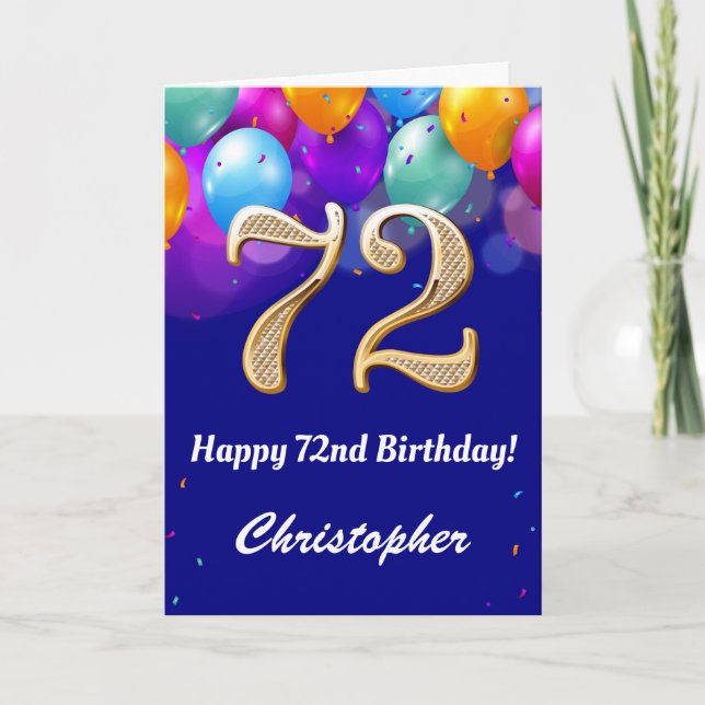 72nd Birthday Navy Blue and Gold Colorful Balloons Card (Front)