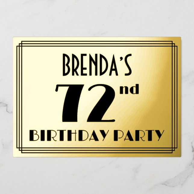 72nd Birthday Party — Art Deco Look “72” + Name Foil Invitation (Front)