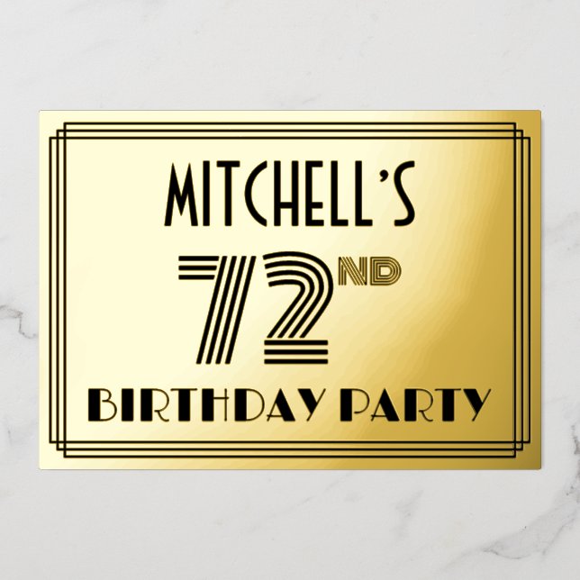 72nd Birthday Party — Art Deco Style “72” & Name Foil Invitation (Front)
