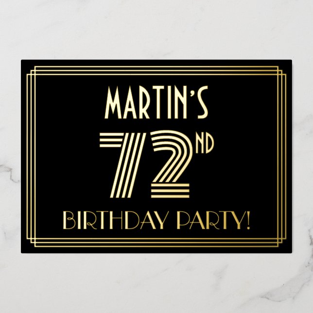 72nd Birthday Party — Art Deco Style “72” + Name Foil Invitation (Front)