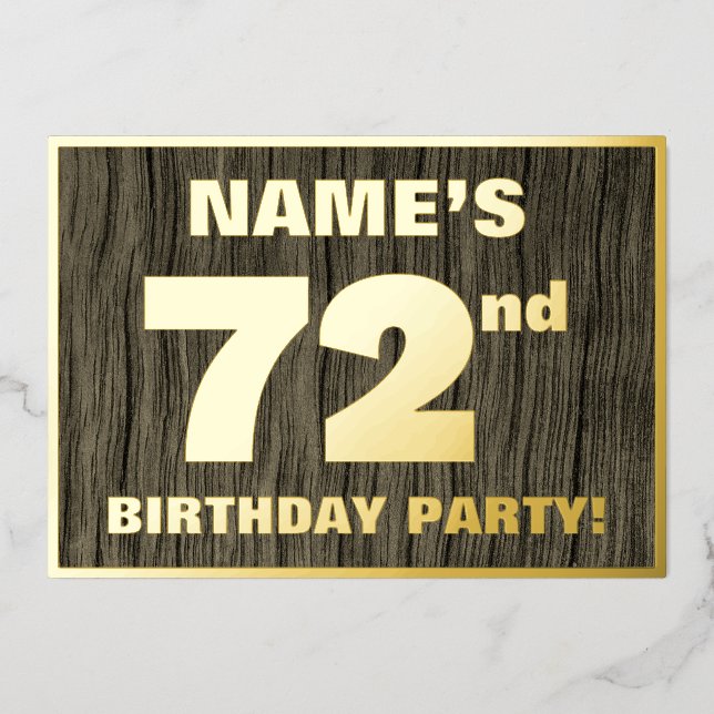 72nd Birthday Party: Bold, Faux Wood Grain Pattern Foil Invitation (Front)