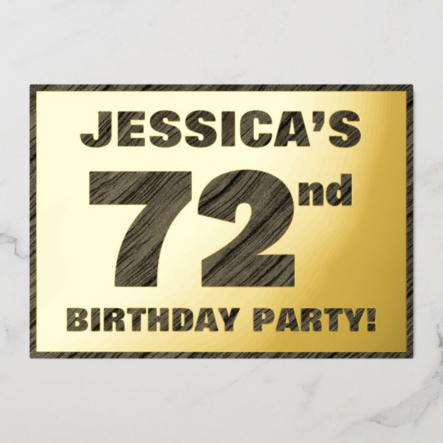 72nd Birthday Party — Bold, Faux Wood Grain Text Foil Invitation (Front)