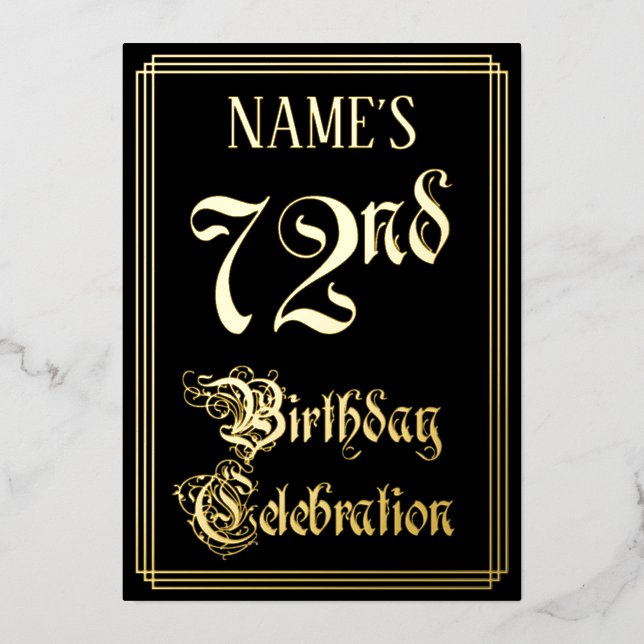 72nd Birthday Party — Fancy Script & Custom Name Foil Invitation (Front)