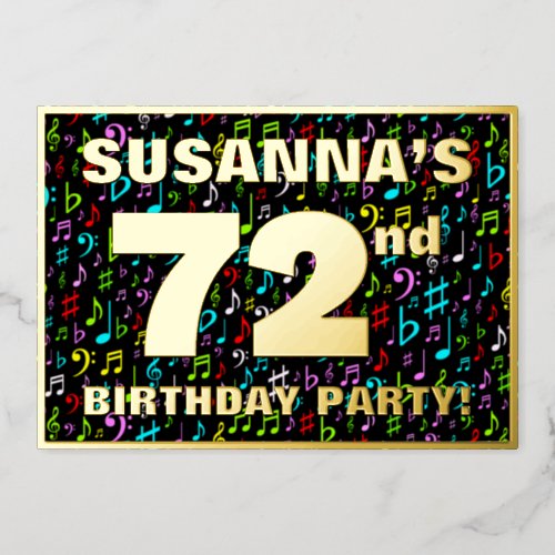 72nd Birthday Party  Fun Colorful Music Symbols Foil Invitation