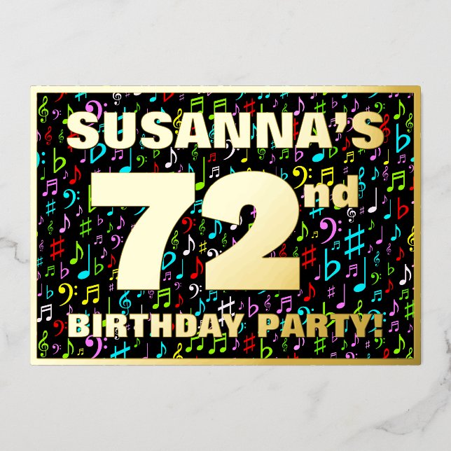 72nd Birthday Party — Fun, Colorful Music Symbols Foil Invitation (Front)
