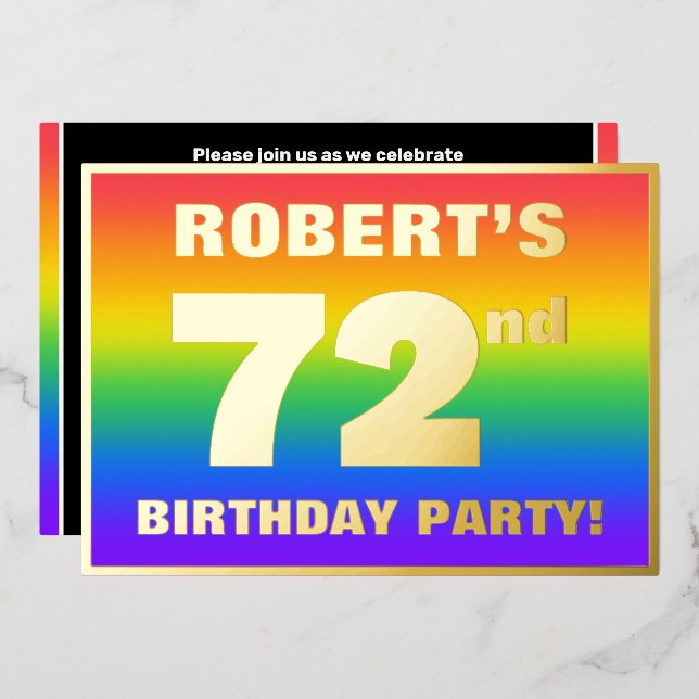 72nd Birthday Party: Fun, Colorful Rainbow Pattern Foil Invitation (Front/Back)