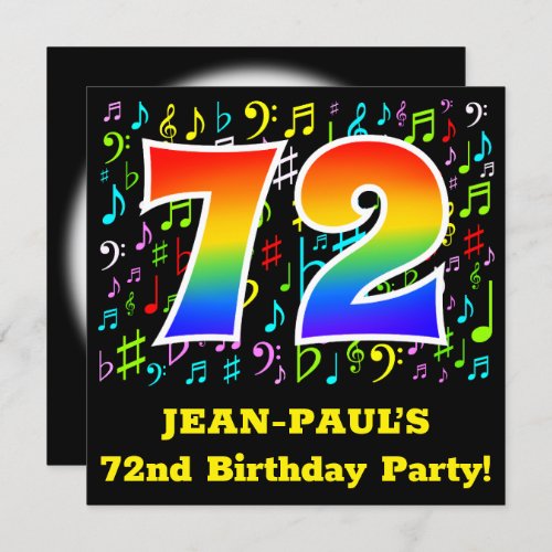 72nd Birthday Party Fun Music Symbols Rainbow 72 Invitation