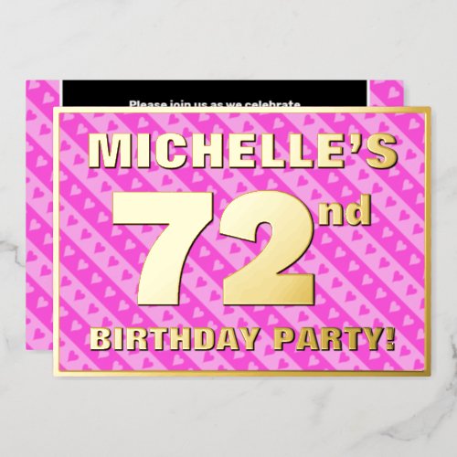 72nd Birthday Party  Fun Pink Hearts and Stripes Foil Invitation