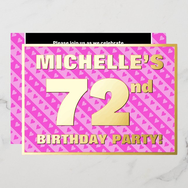 72nd Birthday Party — Fun Pink Hearts and Stripes Foil Invitation (Front/Back)
