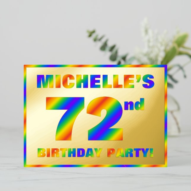 72nd Birthday Party — Fun, Rainbow Spectrum “72” Foil Invitation (Standing Front)