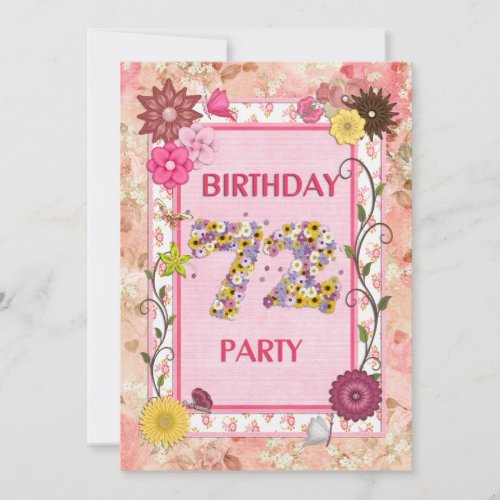 72nd birthday party invitation with floral frame