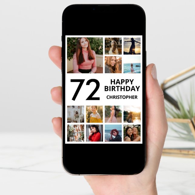72nd Birthday Photo Collage 13 Photos Black White Card (Front Digital)