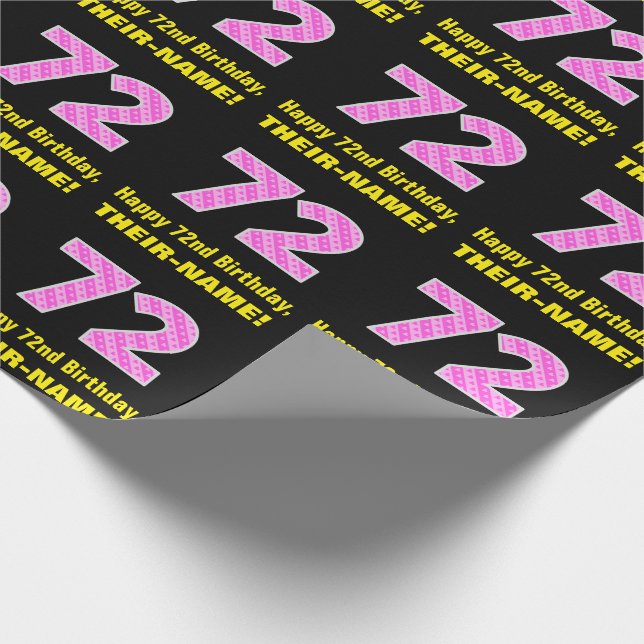 72nd Birthday: Pink Stripes and Hearts "72" + Name Wrapping Paper (Corner)