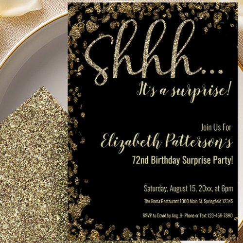 72nd Birthday Surprise Party Invitation Gold Black
