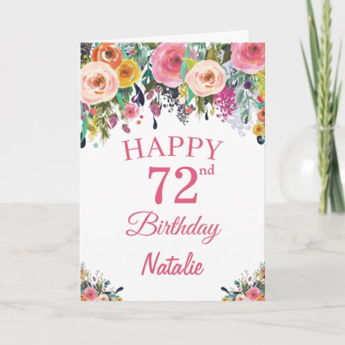 72nd Birthday Watercolor Floral Flowers Pink Card