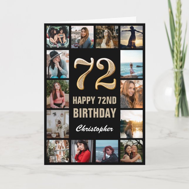 72nd Happy Birthday Black and Gold Photo Collage Card (Front)