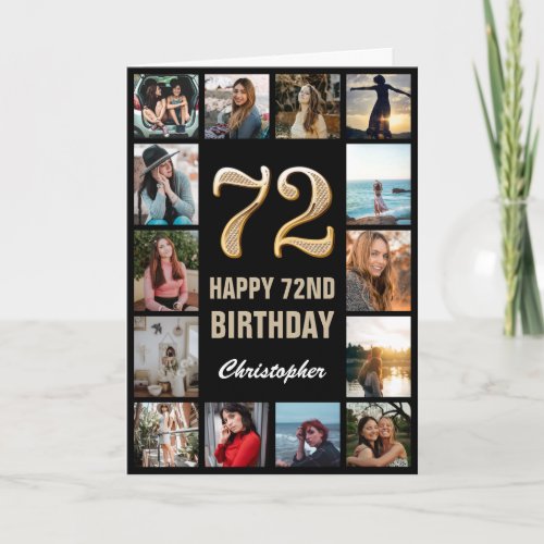 72nd Happy Birthday Black and Gold Photo Collage Card