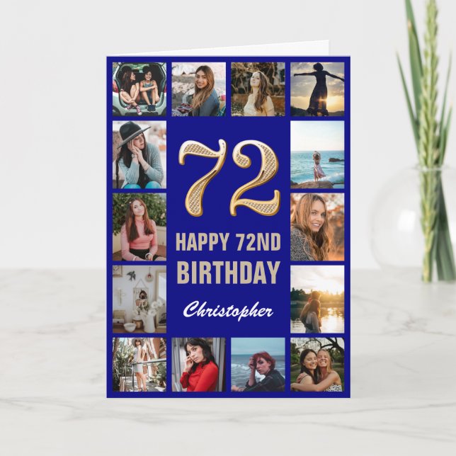 72nd Happy Birthday Navy Blue & Gold Photo Collage Card (Front)