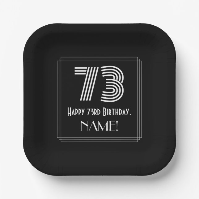 73rd Birthday — Art Deco Inspired Look “73” + Name Paper Plates (Front)