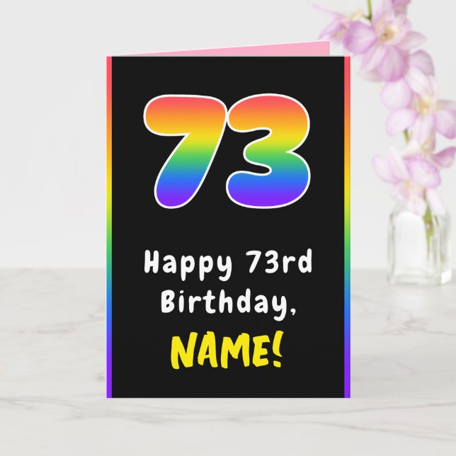 73rd Birthday: Colorful Rainbow # 73, Custom Name Card (Orchid)