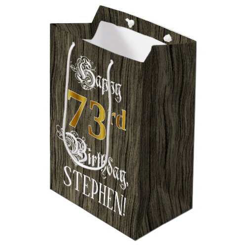 73rd Birthday Faux Gold Look  Faux Wood Pattern Medium Gift Bag