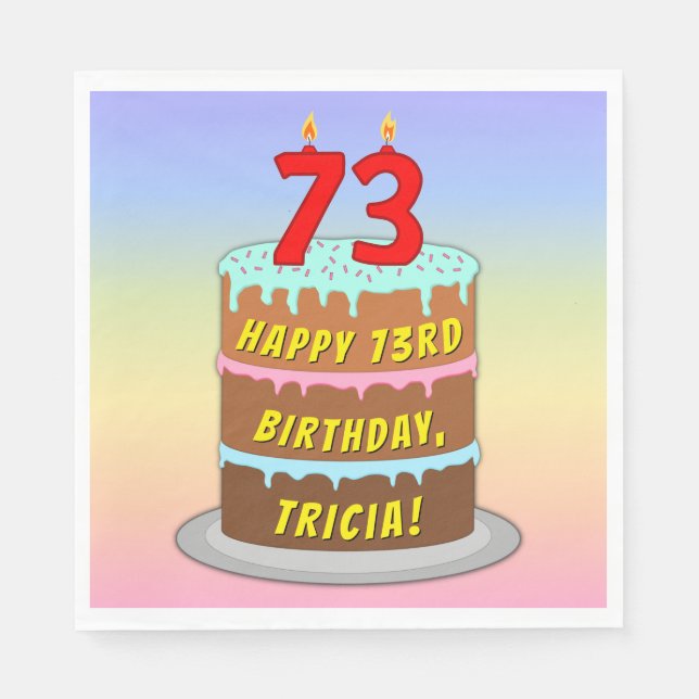 73rd Birthday: Fun Cake and Candles + Custom Name Napkins (Front)