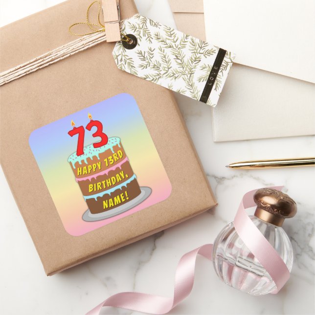 73rd Birthday: Fun Cake and Candles + Custom Name Square Sticker (Gifting)