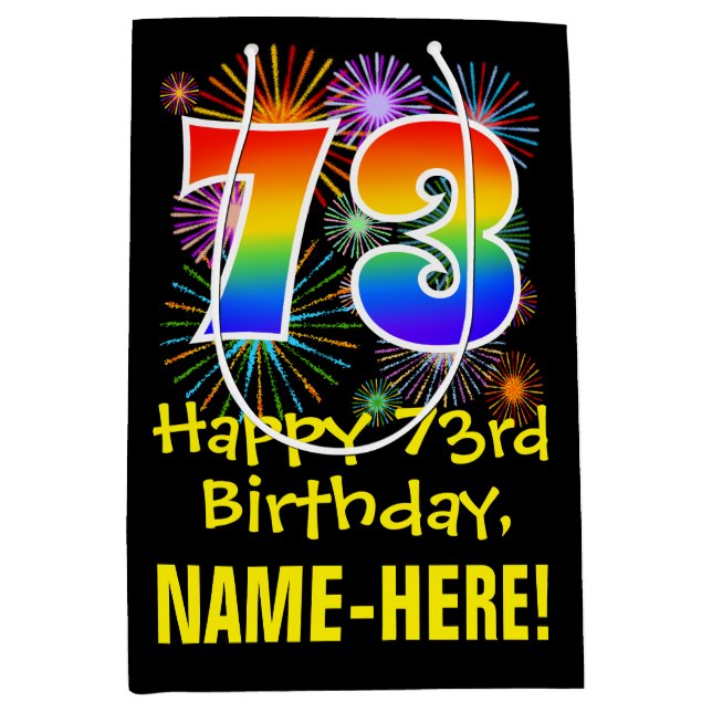 73rd Birthday: Fun Fireworks Pattern + Rainbow 73 Medium Gift Bag (Front)