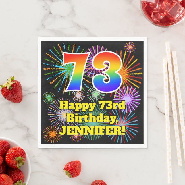 73rd Birthday: Fun Fireworks Pattern + Rainbow 73 Napkins (Insitu)
