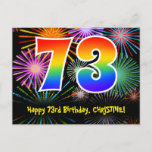 [ Thumbnail: 73rd Birthday – Fun Fireworks Pattern + Rainbow 73 Postcard ]