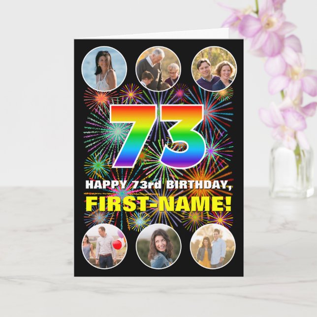 73rd Birthday: Fun Rainbow #, Custom Name & Photos Card (Orchid)