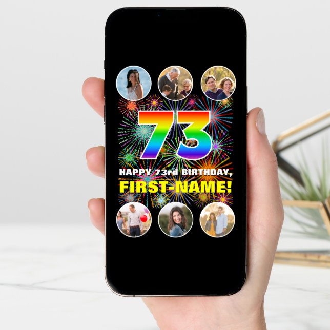 73rd Birthday: Fun Rainbow #, Custom Name & Photos Card (Front Digital)