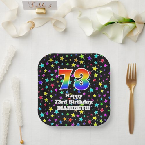 73rd Birthday Fun Stars Pattern and Rainbow 73 Paper Plates