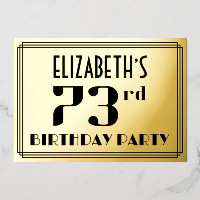 73rd Birthday Party: Art Deco Look “73” and Name Foil Invitation (Front)
