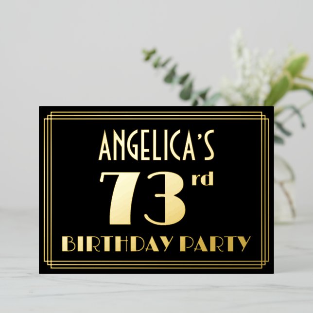73rd Birthday Party: Art Deco Look “73”, w/ Name Foil Invitation (Standing Front)