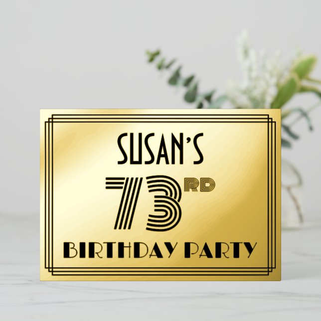 73rd Birthday Party — Art Deco Style “73” & Name Foil Invitation (Standing Front)