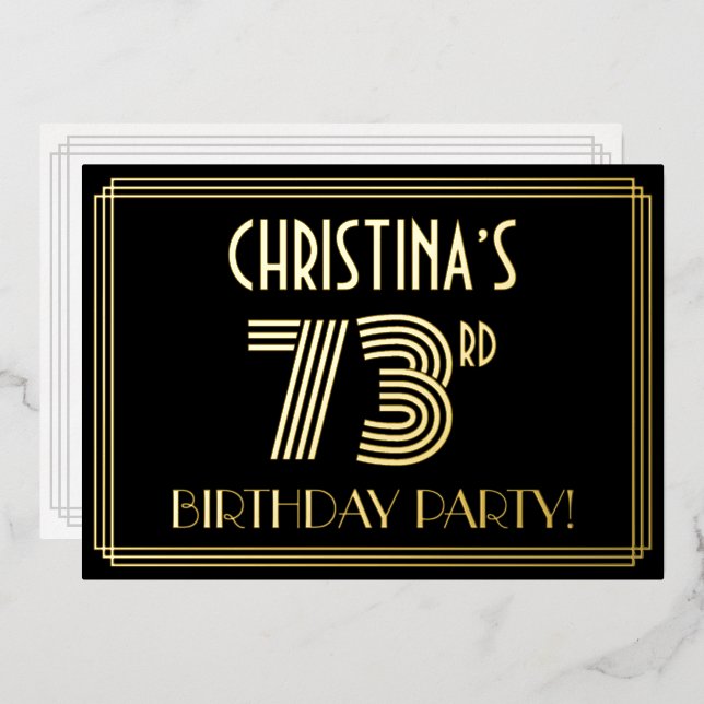 73rd Birthday Party — Art Deco Style “73” + Name Foil Invitation (Front/Back)